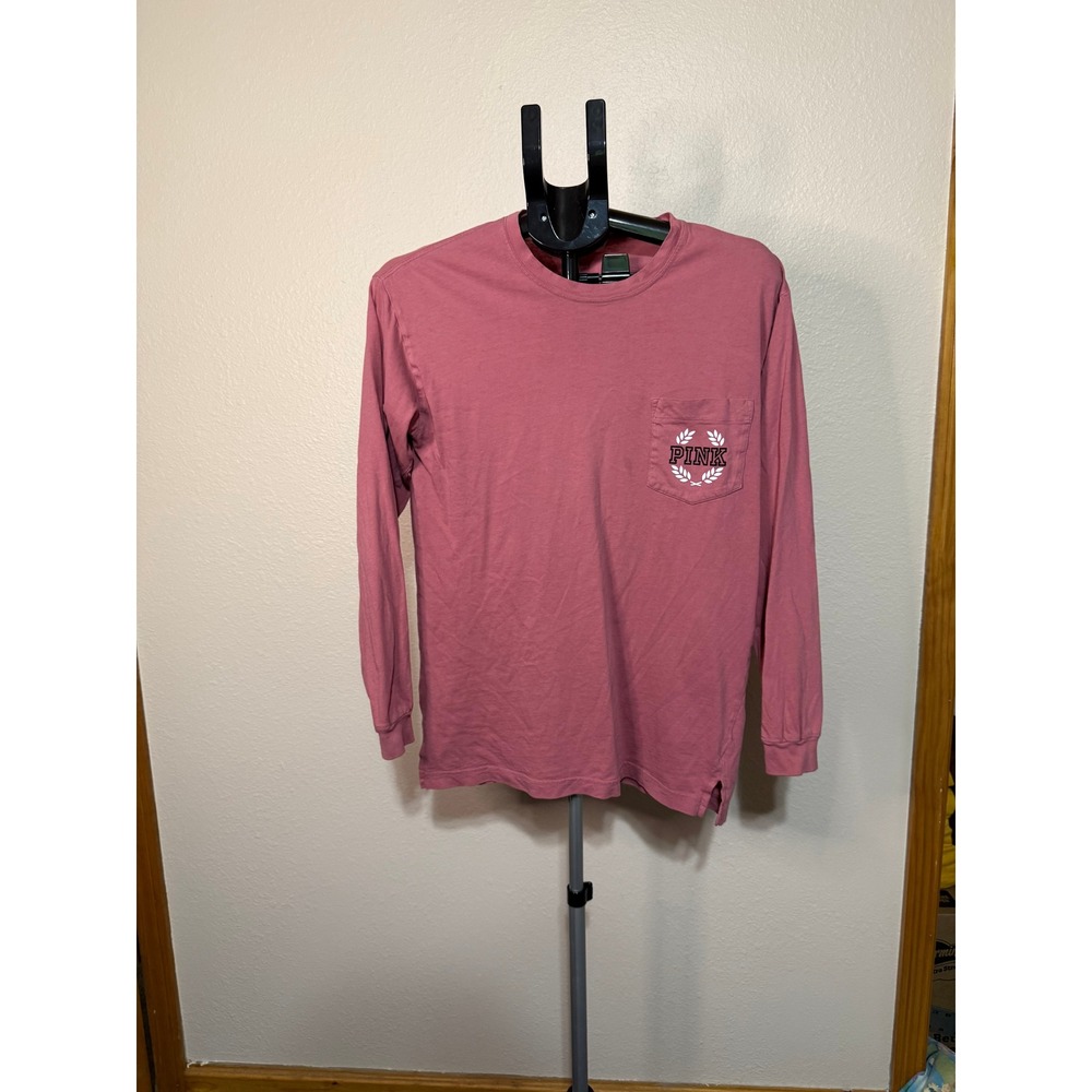 Pink Victoria's Secret Long Sleeve Pocket‎ T-Shirt Mauve Logo Graphic Womens XS